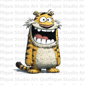 Funny Cartoon Tiger PNG Cute, Smiling Tiger Design for Digital Download, Printable Art, Clipart for Craft Projects & T-Shirt Designs I GSA