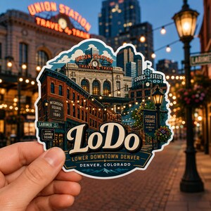 May include: A die-cut sticker featuring an illustration of Denver's LoDo district, including Union Station, Coors Field, and Larimer Square. The design displays the text 'LoDo', 'Lower Downtown Denver', and 'Denver, Colorado' in a vintage style.