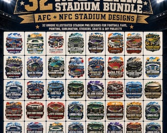 Puede incluir: Un paquete digital de 32 ilustraciones de estadios de la NFL con sedes de equipos de la AFC y la NFC. Cada gráfico muestra un diseño de estadio único con nombres y ubicaciones de equipos. Incluye archivos PNG de alta resolución.