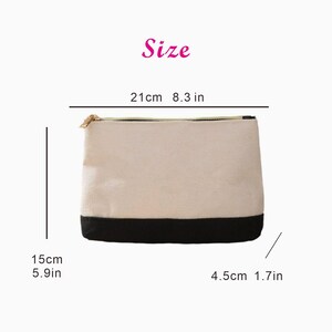 May include: A rectangular beige and black zippered pouch. The pouch is 8.3 inches wide, 5.9 inches high, and 1.7 inches deep. The top of the pouch has a gold zipper. The word "Size" is written in pink above the pouch.