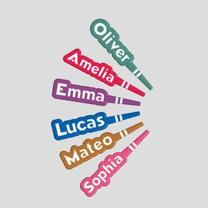 Könnte beinhalten: Sechs bunte, fächerförmige Kunststoffmarker, die in einem Halbkreis angeordnet sind und jeweils einen weißen Namen in einer fetten serifenlosen Schrift tragen. Die Namen sind Oliver in Türkis, Amelia in Rot, Emma in Lila, Lucas in Blau, Mateo in Braun und Sophia in Pink.