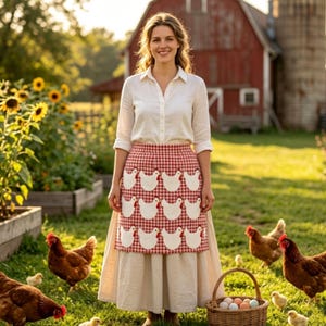 May include: A red and white gingham apron featuring a repeating pattern of white chicken appliques. The apron is worn over a long, light beige skirt and a white button-down shirt, with a woven basket of eggs placed on the ground nearby.