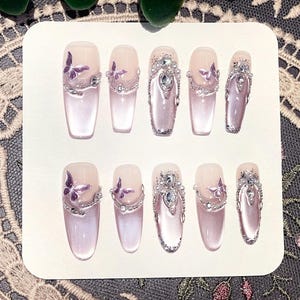Handmade Holiday Press On Nails: Purple Butterfly Faux Acrylics