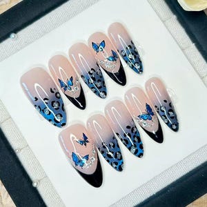 Black Leopard Print Nails | Blue Butterfly French Tips | Gothic French Nail Art | Press On Nails | Trendy Nail Design | Gift for Her