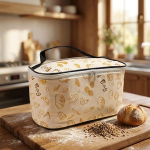 May include: A rectangular beige insulated lunch bag with a black handle and a zip closure. The bag features a repeating pattern of gold-coloured line drawings of various foods and the text "Bread Bag" printed across the exterior surface.