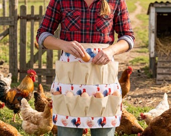May include: A red and black plaid long-sleeve button-down shirt worn with a white apron featuring a rooster print and multiple beige pockets holding brown eggs. The apron has two horizontal rows of pockets, each containing a single egg.