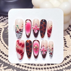 Spring Press On Nails with 3D Floral and Cherry Accents, Long Almond Tortoise Shell Nails in Neutral and Brown Tones for Spring Look