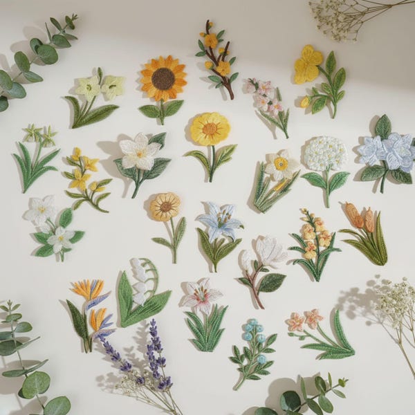 Applicazioni floreali ricamate, girasoli, gigli e ortensie (da applicare con ferro da stiro o da cucire)