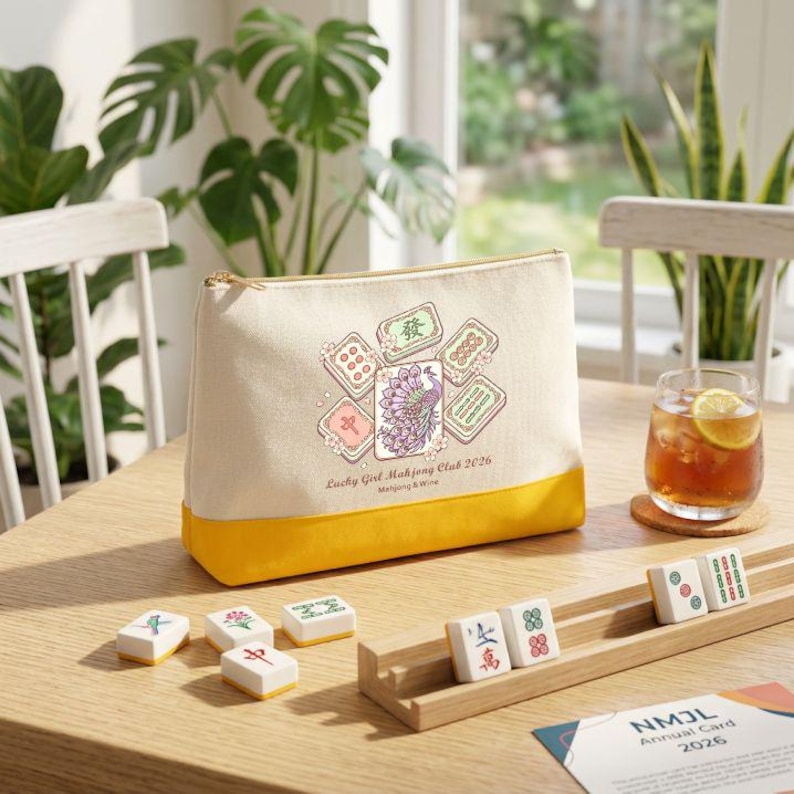 May include: A beige and yellow cosmetic bag with a gold zipper, featuring a peacock and Mahjong tile design. The text "Lucky Girl Mahjong Club 2026" is printed on the bag. Several Mahjong tiles are arranged on a wooden tray.