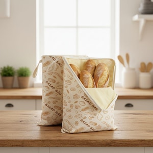 Puede incluir: Dos bolsas de pan beige con un patrón repetido de ilustraciones de pan y las palabras "BREAD BAG". Una bolsa está abierta y llena de varias barras de pan. Las bolsas están sobre una superficie de madera.