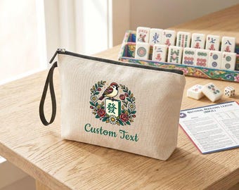 Floral Bird Mahjong Canvas Pouch, Custom Text Cosmetic Bag, Travel Toiletry Bag