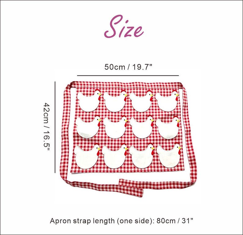 May include: A red and white gingham apron featuring twelve white chicken appliqu&eacute;s with red combs. The apron measures 50 cm wide by 42 cm long, with a strap length of 80 cm on one side. The text Size is displayed above the apron.