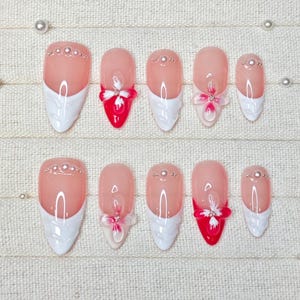 3D Floral Press On Nails: White French Almond, Pink Nail Art