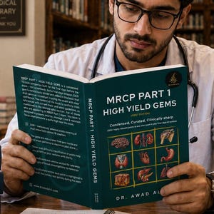 Könnte beinhalten: Eine Person im weißen Laborkittel liest ein grünes Buch mit dem Titel MRCP PART 1 HIGH YIELD GEMS, das anatomische Illustrationen zeigt. Auf dem Schreibtisch liegen medizinische Lehrbücher, ein Notizbuch mit Stift, ein schwarzer Becher und ein Laptop.
