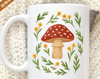 Mushroom Coffee Mug, Cottagecore Floral Design, Garden Lover Gift