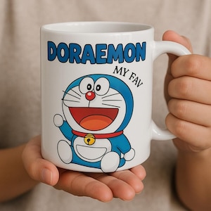 Doreamon Mug, Cute Mug, Cartoon Character, White Mug for Coffee Lovers, Fun Japanese Anime Gift, Kids Tea Cup, Kawaii Drinkware