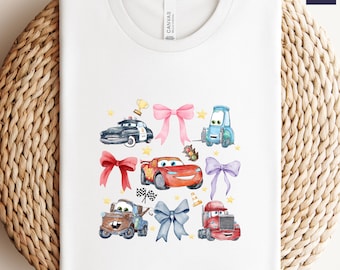 Retro Coquette Bows Disney Cars shirt, Lightning McQueen Mater Doc Hudson Sally Carrera Birthday Cars Family Shirt, Disney Girl Trip Shirt