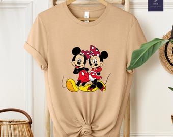 Koszulka z Myszką Miki i Minnie, klasyczna koszulka dla par Disneya, czerwona koszulka z kokardą w kropki z Minnie, urocza koszulka retro z Myszką Miki i Minnie