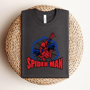 May include: Dark gray t-shirt featuring a Spider-Man graphic. The design includes a red and blue Spider-Man figure within a blue web-like frame, with the words "SPIDER MAN" in red block letters below. The shirt is folded on a woven surface.
