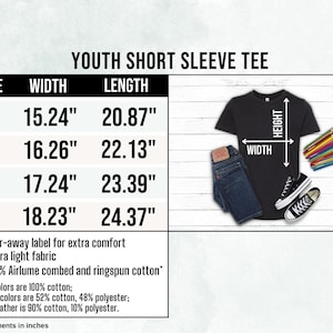 May include: Black youth short sleeve tee with size chart. Sizes range from S to XL, with widths from 15.24" to 18.23" and lengths from 20.87" to 24.37". Features include a tear-away label, extra light fabric, and 100% Airlume combed cotton.