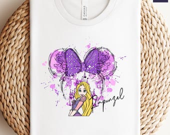 Maglietta Disney Rapunzel, Castello Disney, Acquerello, Principessa Disney Rapunzel, Testa di Minnie, Abbinamento Disney, Maglietta Principessa Rapunzel