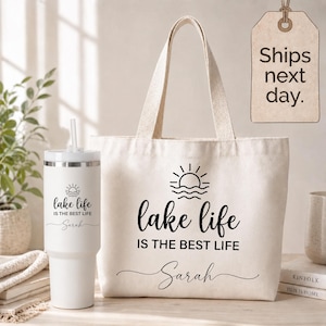 Lake Life Custom Tumbler, Personalized Canvas Tote Bag, Lakeside Vacation Accessories, Summer Beach Gear, Boating Trip Essentials