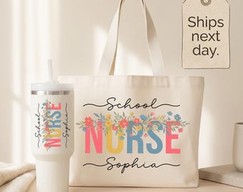 School Nurse Appreciation Gift, Personalized Nurse Tote Bag, Floral School Nurse Cup, Back to School Nurse, Nurse End of Year Gift