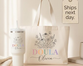 Doula Floral Tote Bag and Cup Set, Labor Support Professional Bundle, Midwife Appreciation, Birth Worker Graduation, Custom Doula Accessory