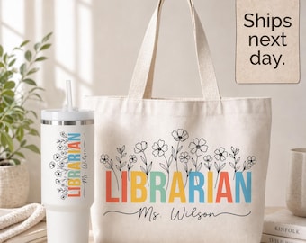 Librarian Floral Tote Bag, Librarian Tumbler, Teacher Appreciation Gift, Library Staff Gift, Book Lover Gift, Personalized Librarian Present