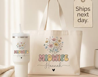 Midwife Floral Tumbler Set, Personalized Midwifery Cup and Tote Bag, Labor and Delivery Nurse Appreciation