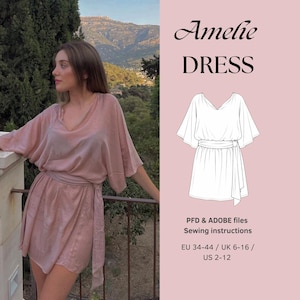 Puede incluir: Vestido rosa claro con cuello en V y cinturón a juego. El vestido tiene mangas cortas y anchas. La imagen incluye un dibujo lineal del vestido y el texto "Amelie DRESS". Tallas: EU 34-44, UK 6-16, US 2-12.