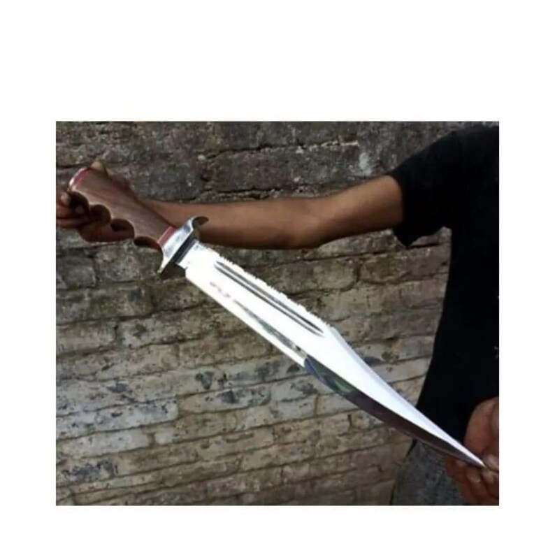 K&ouml;nnte beinhalten: Ein gro&szlig;es, silbernes Messer mit einem braunen Griff. Das Messer hat eine gezackte Klinge und eine spitze Spitze. Das Messer wird von einer Hand gehalten.