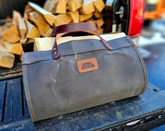 Custom Waxed Canvas Firewood Carrier with Leather Straps | Made to Order Log Tote | Personalized Camping & Fireplace Accessory
