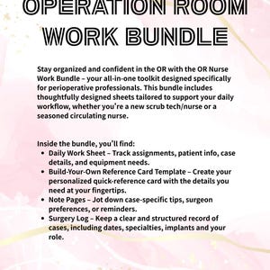 May include: A pink and white background with the text "OPERATION ROOM WORK BUNDLE" in black and gold lettering. The text below describes the bundle as an all-in-one toolkit for perioperative professionals. The bundle includes a daily work sheet, a build-your-own reference card template, note pages, and a surgery log.
