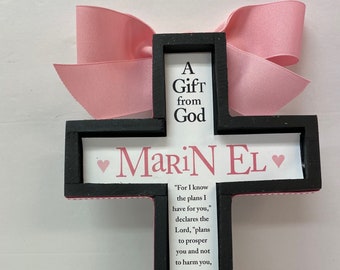 Girl's Baptism Cross -Pink on White with Black frame -any color available- approx 7 x 9 inches