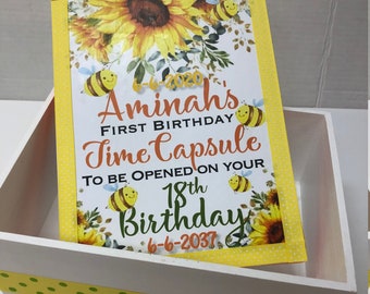 Bumble Bee and Sunflower Theme 1st Birthday Time Capusule Keepsake box -CUSTOM