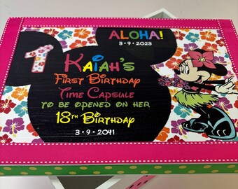 1st Birthday Time Capusule Keepsake box -CUSTOM  Minnie  Mouse Hawaii Theme