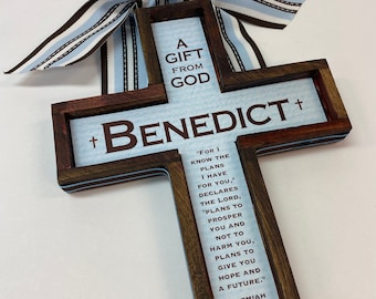 Boy's Baptism Cross - Jereimah 29:11 any color  approx 7 x 9 inches-Light Blue with Dark Stain Cross