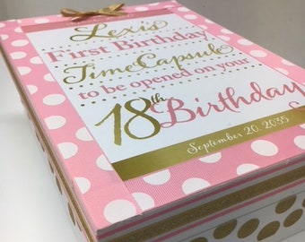 1st Birthday Time Capusule Keepsake box - CUSTOM Designed for Girls- Pink and Gold