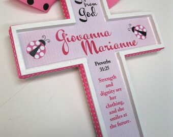 Girl's Baptism Cross -Pink Background Ladybug theme approx 7 x 9 inches