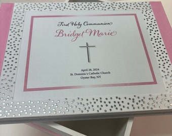 1st Communion Keepsake Box with Cross- Pink and silver