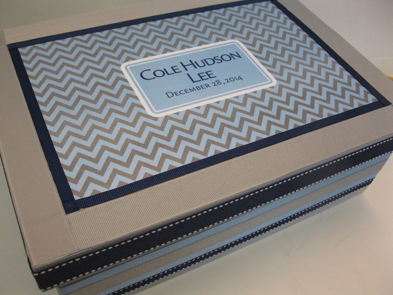 Boys Keepsake Box-Light Blue Navy Blue and Gray Chevron image 2