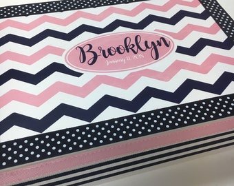 Girl's Pink and Navy Blue Chevron Keepsake Box Personalized