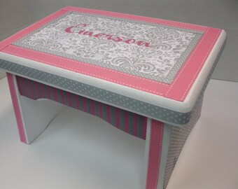 Little Girl's Bench- Pink and Gray Damask