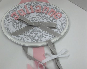 Gray and White Damask  with Pink Bow Holder
