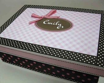 Girl's Personalized Diagonal Gingham Keepsake Box- Pink and Brown Polka Dot