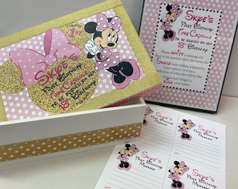 Golden Minnie  1st Birthday Time Capusule Keepsake box -CUSTOM  with Framed Instructions and Instructions to copy and print
