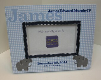 Little Elephant Baby Boy Birth Announcement Frame with Light blue Gingham