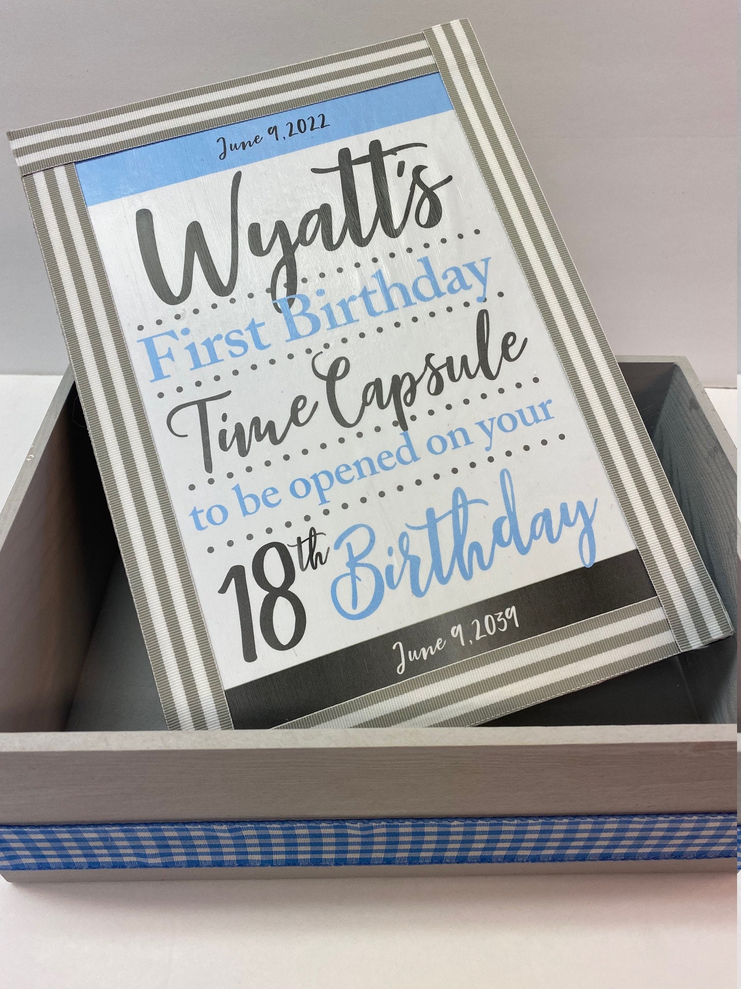 Boy's First Birthday Time Capsule Keepsake Box – Light Blue Gingham - Etsy