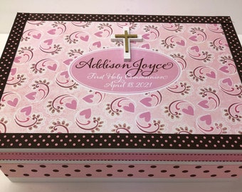 1st Communion Keepsake Box with Cross- Pinks and lavenders, Brown and White Paisely